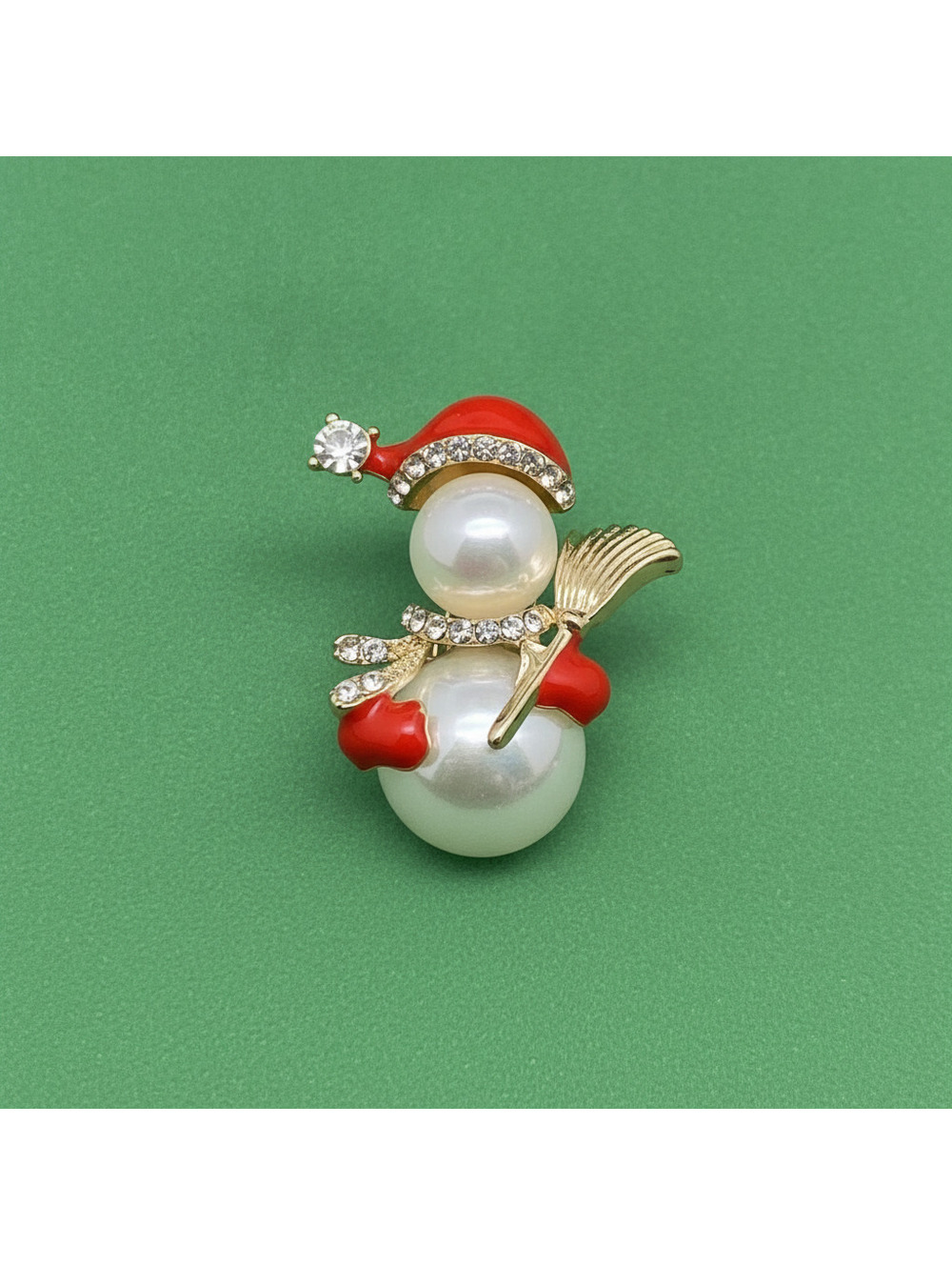 Pearl Snowman Brooch with Red Accents and Rhinestones